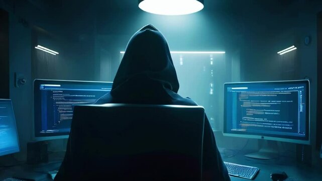 A hooded figure sits in front of multiple computer screens displaying code, illuminated by a single lamp in a dark room.