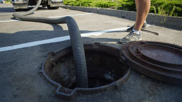 A man lowers a pipe into the sewer to pump out household waste. High quality 4k footage