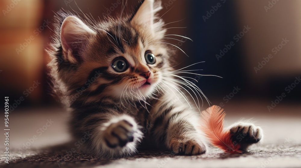 Poster a fluffy kitten playing with a feather toy, its eyes wide with excitement and its tiny paws reaching