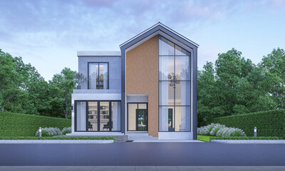 Modern house exterior evening view with lawn grass.3d rendering