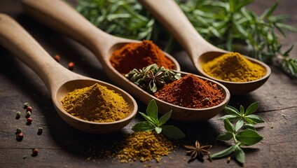 Mixed Spices Spices in wooden spoons with green herbs.