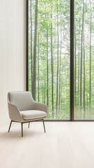 A cozy chair positioned near a large window showcasing a serene forest view, perfect for relaxation and modern interior design.