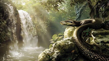 Titanoboa basking in the sunlight on a large rock by a waterfall with its scales reflecting the light beautifully The surrounding jungle is lush and green creating a serene yet intimidating atmosphere