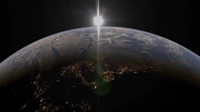 rotating Planet Earth breathtaking view from space, sunrise in horizon and visible cities night lights
