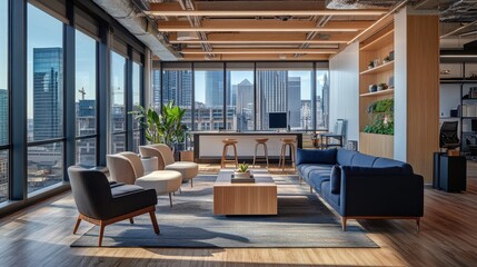 Fototapeta premium Cozy and Stylish Office Lounge with City View