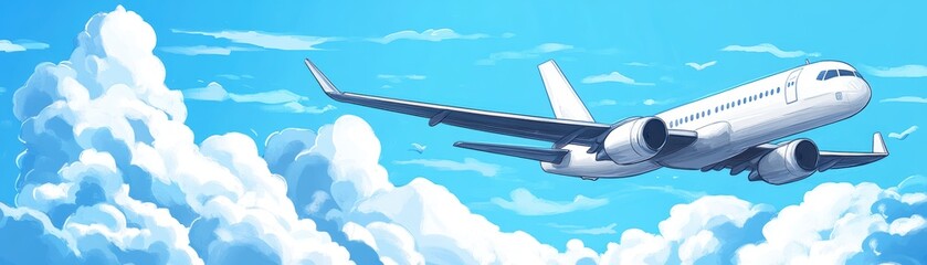 Fototapeta premium A flying airplane soaring through bright blue skies with fluffy clouds, representing travel and adventure in the sky.