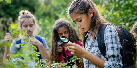 Students explore explore nature by observing plants and insects with a magnifying glass.  Outdoor learning