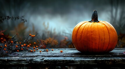 A small pumpkin on a rustic wooden table, with a blurred background of a dense, overgrown pumpkin patch bathed in the warm light of dusk, mist rising gently, calm and mysterious Halloween scene.
