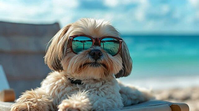 At the beach close to the water, a Shih Tzu puppy is unwinding on a sun lounger.