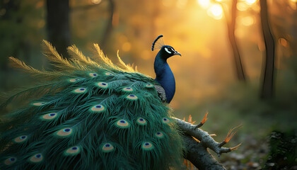 The iconic peacock, which reflects every detail of the garden from its feathers to its striking eyes, with its sparkling green, purple and emerald colors, is a captivating sight enhanced by the glow o