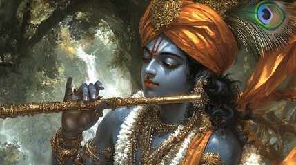 Krishna playing the flute in an artistic depiction, capturing divine serenity and grace, vibrant portrait painting in traditional Indian style, new beautiful stock image illustration AI