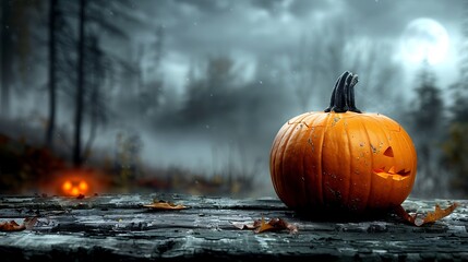 A solitary pumpkin placed on a weathered table, blurred background featuring a dark, shadowy forest, moonlight filtering through the trees, misty and eerie Halloween night setting. --ar 16:9 --v 6.