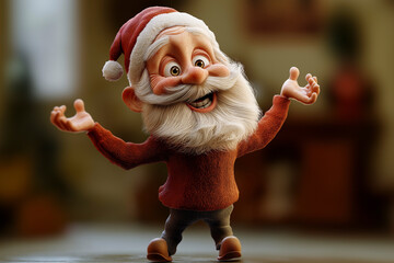Cute 3D caricatures of Santa Claus dancing joyfully during the festive holiday season in a charming, blurred background setting