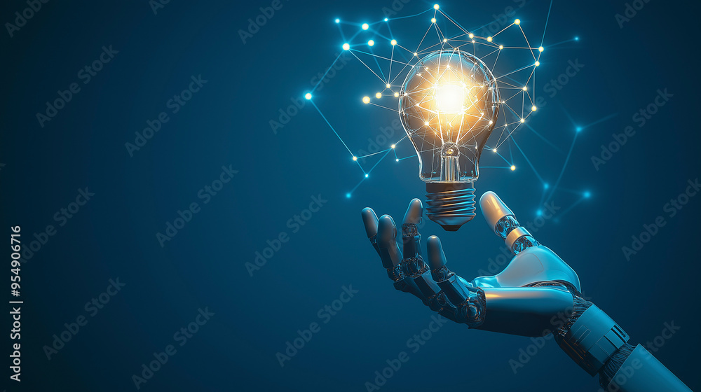 Wall mural robot hand holds a glowing light bulb representing innovation and technology on a blue background wi