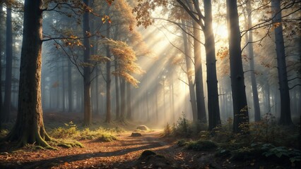 Mystical forest landscape with sunlight streaming through trees and fog on a serene autumn morning