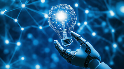 Robot hand holds a glowing light bulb representing innovation and technology on a blue background with a network effect