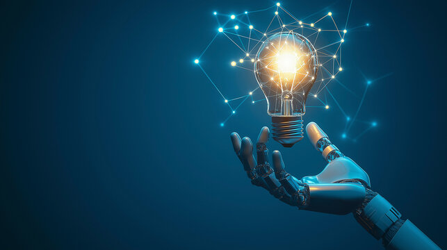 Robot hand holds a glowing light bulb representing innovation and technology on a blue background with a network effect