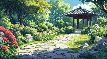 Fototapeta premium Stone Path Leading to a Gazebo in a Lush Garden
