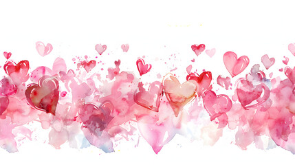 panorama of watercolor 2d hand drawn hearts png on a wet white background, hearts pattern, backgrounds for valentines Day, mothers Day, anniversary artistic hand free drawing effect painting realistic
