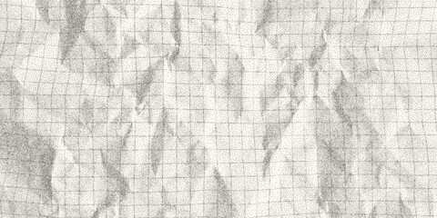 Background with dusty gritty dot effect, texture of crumpled checkered paper, grunge overlay. Old dirty notebook sheet, template for banner, empty page.