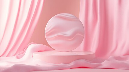 3D luxury pink stage featuring a floating round circle for product display, surrounded by sweet, rippling cream, perfect for beauty products.