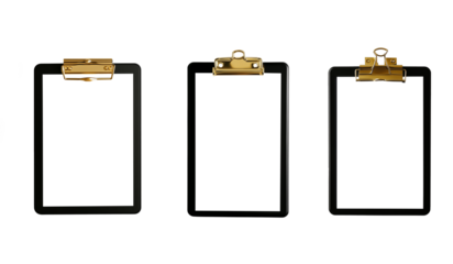 set of three mock up of a black and gold clip board laying flat against white or transparent background