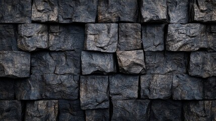 A textured wall of dark, rugged stones arranged in a geometric pattern, emphasizing natural materials and design.
