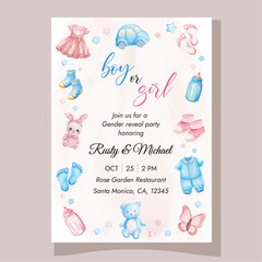 Pink and blue gender reveal party invitation template with baby elements
