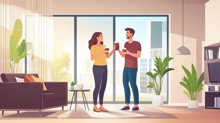 A young couple enjoys warm drinks while standing in a sunlit living room with modern decor and a view of the city