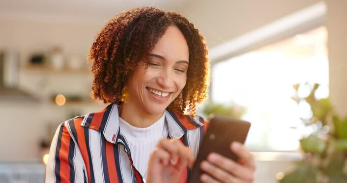 Woman, happy and scrolling on phone in home with laughing for blog post, social media meme or internet joke. Person, mobile chat or relax with online streaming or reading notification from dating app