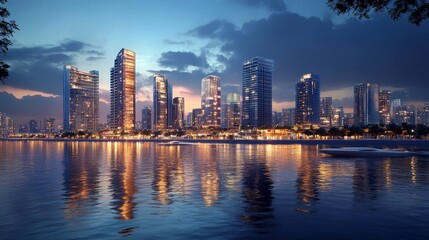 Naklejka premium Design a city waterfront with high-rise buildings overlooking a river or harbor.