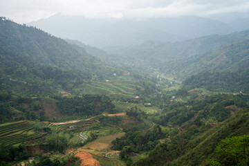 Fototapeta premium North West Highland of Viet Nam's landscape with ethnic feature of fog with green stairs paddy field and small house