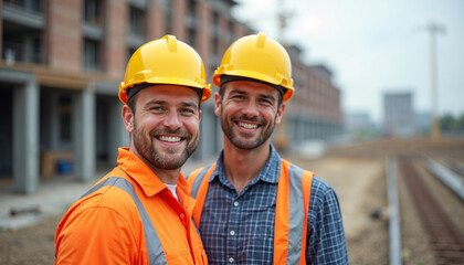 Portrait of happy building contractor and worker at construction site looking at camera.