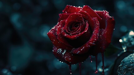 A blood-soaked red rose, dripping with crimson, set against a dark background, capturing the essence of fatal beauty.