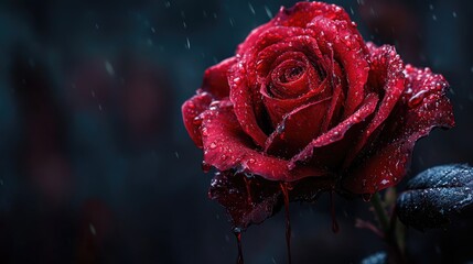 A blood-soaked red rose, dripping with crimson, set against a dark background, capturing the essence of fatal beauty.
