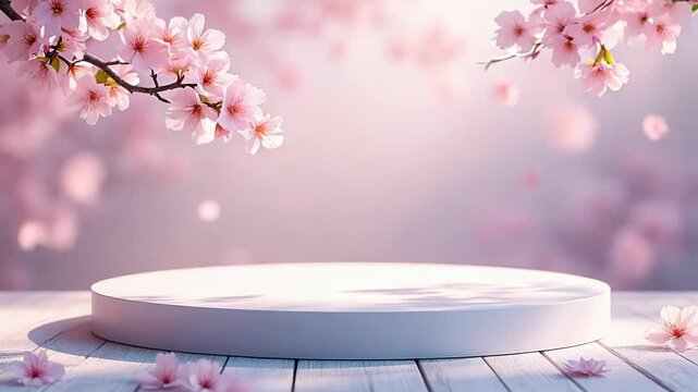 Cherry blossoms frame circular podium on pale wooden planks. Soft pink petals contrast with white display platform, creating serene spring atmosphere. Dreamy backlighting enhances ethereal mood.	