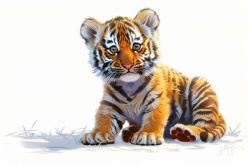 In a charming cartoon and Chinese ink painting style, a cute baby Northeast Tiger sits cheerfully on the ground, smiling directly at you.