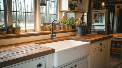 Fototapeta premium Charming rustic kitchen featuring a large farmhouse sink, wooden countertops, and vintage lighting, creating a warm and inviting atmosphere. 