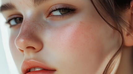 Fototapeta premium The soft cheek showcases a natural glow, complemented by a hint of blush and a captivating gaze, radiating warmth and beauty
