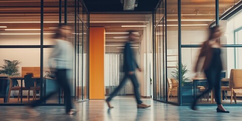 A group of people walking through a large open office space. The people are wearing business attire and appear to be in a hurry. The office is filled with various furniture, including chairs, tables