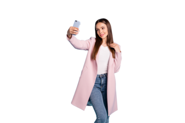 Portrait of charming lovely lady using her cellphone making selfie wearing outfit denim jeans isolated over blue background