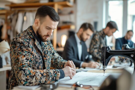 A man in a floral jacket is sitting at a sewing machine. He is surrounded by other men in suits. Concept of professionalism and focus as the man works on his sewing project