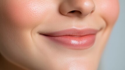A soft cheek showcases a hint of joy, radiating warmth and natural beauty in a calming atmosphere
