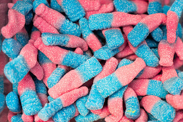 Assorted colorful gummy jelly candies. Top view. Jelly sweets.