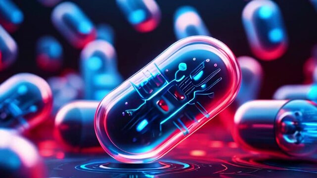 A futuristic capsule with glowing blue circuit board inside levitating over a reflective surface with a red and blue light.