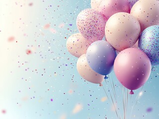 Colorful Balloons with Confetti against a Blue Sky Background.