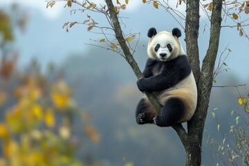 Obraz premium A playful panda perched on a tree branch amidst the vibrant hues of autumn leaves in a serene forest setting