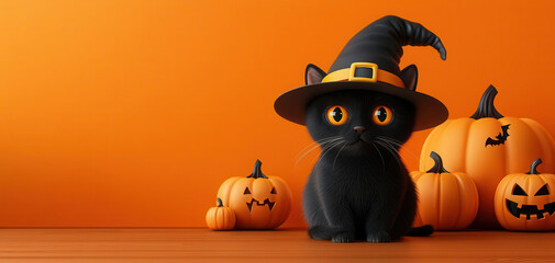 Black cat with a witch hat flat design, front view, Halloween theme, 3D render