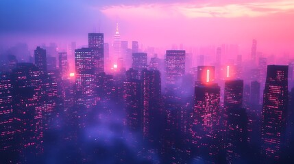 Fototapeta premium Vibrant Tertiary Hued 3D Rendered Cityscape at Twilight with Illuminated Buildings