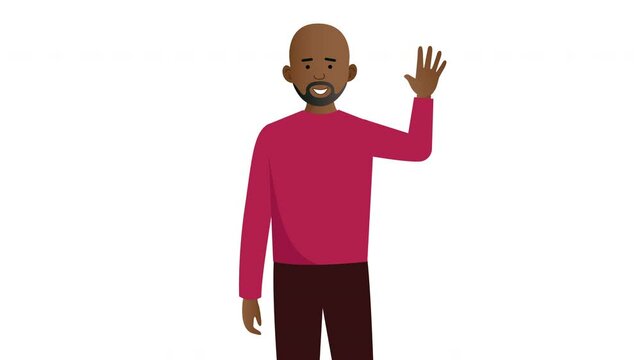 2D Illustrated bald black bearded male vector character waving hand and smiling animation. On white background.	